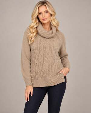 Talbots 100% Cotton Cable Knit Cowl Neck Sweater L Tan Gold Buttons NWOT